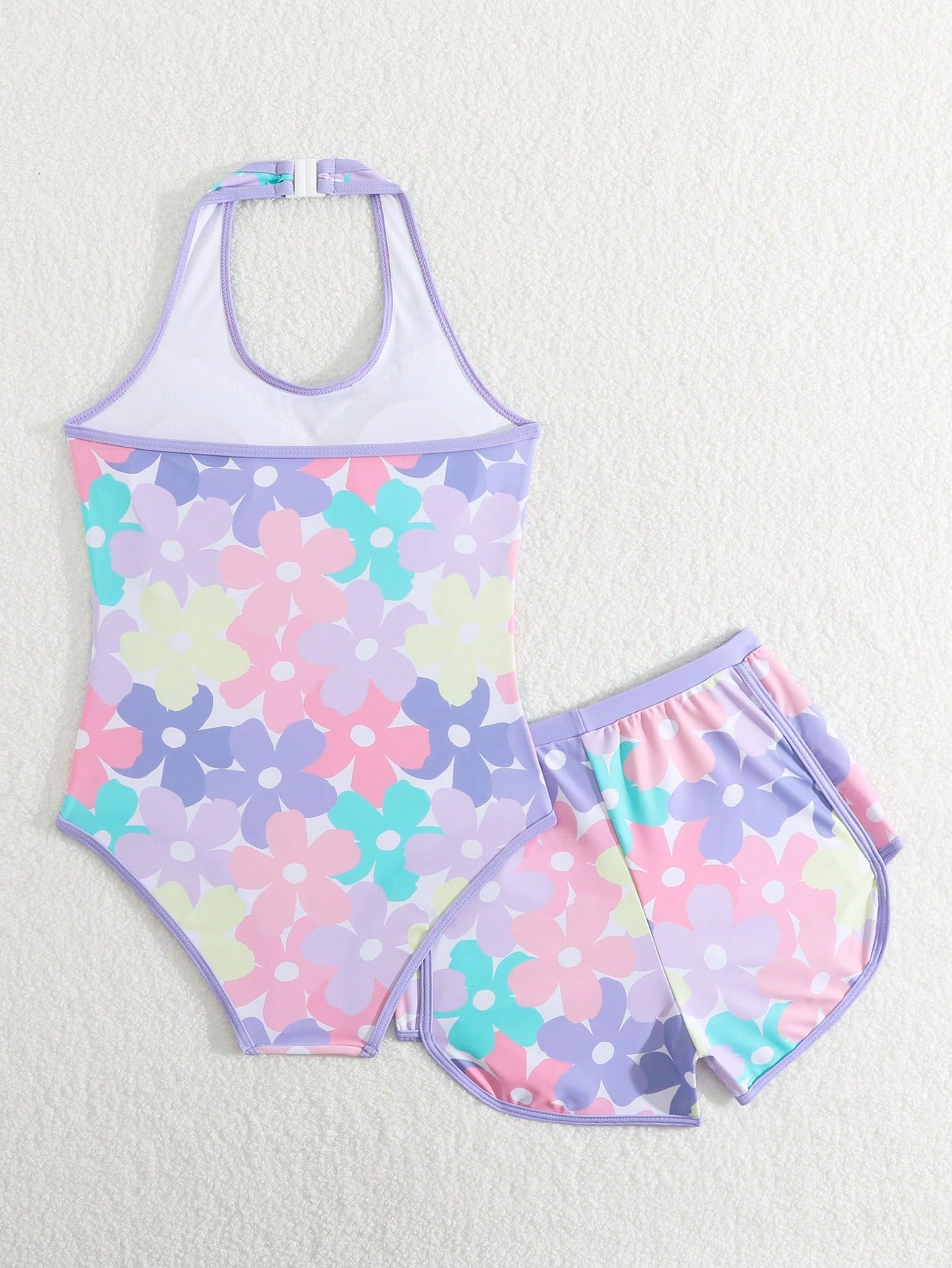 Girls 2-piece swimwear set featuring a butterfly print halter swimsuit top and separate mid-waist shorts in multicolor.