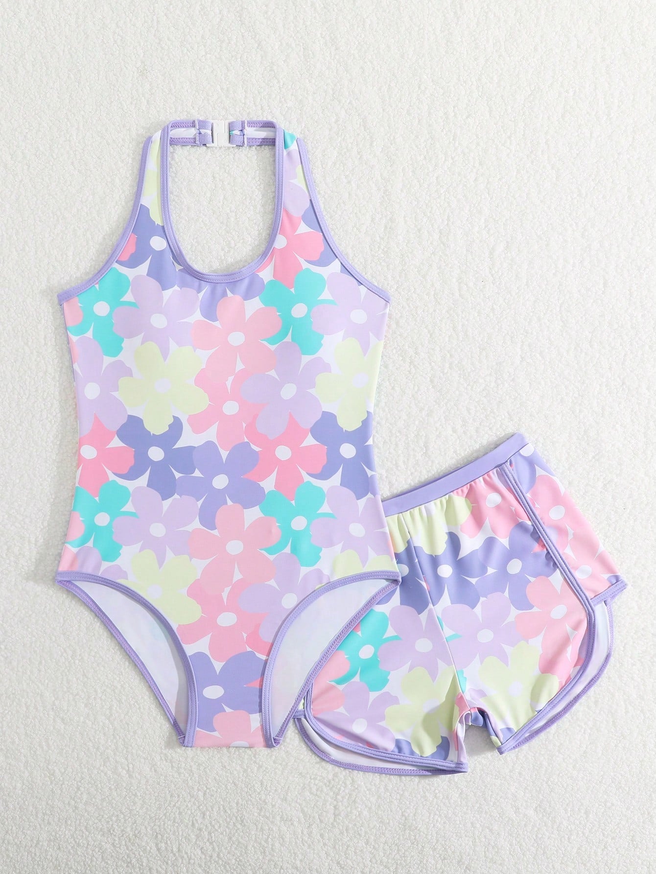 Girls 2-piece swimwear set featuring a butterfly print halter swimsuit top and separate mid-waist shorts in multicolor.