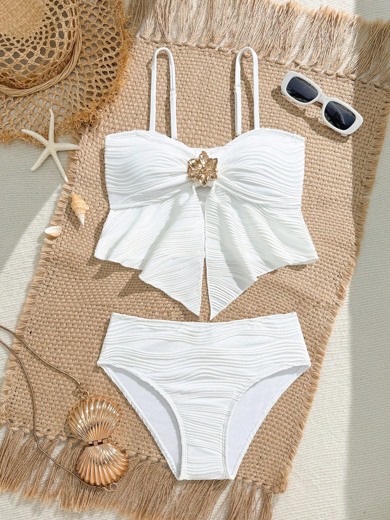Tween girls two-piece tankini swimwear set with spaghetti straps, asymmetrical design, and 3D rose detail. Features a plant-pattern top and mid-waist bottoms in stretchy fabric for beach or pool wear.