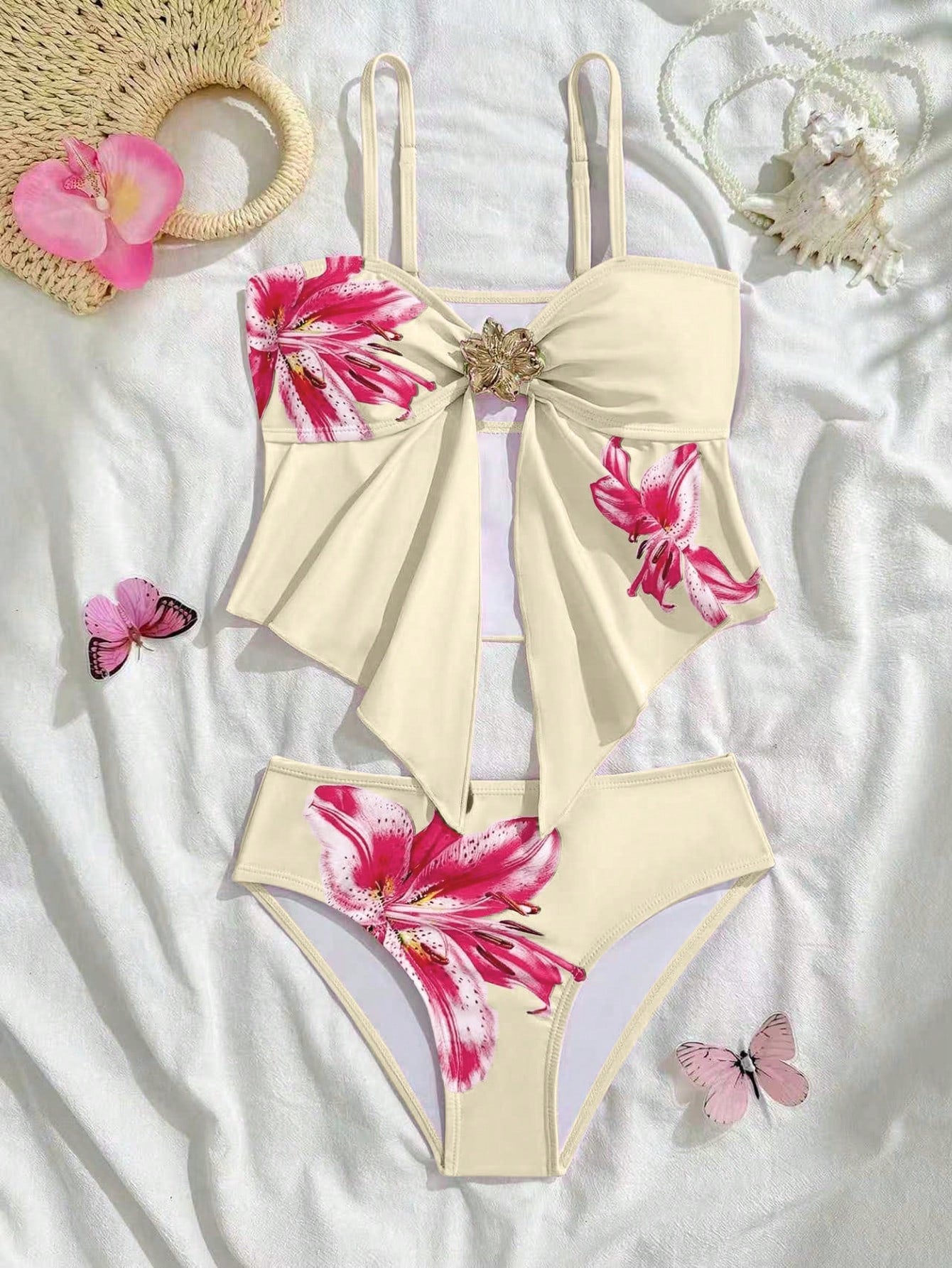 Tween girls two-piece tankini swimwear set with spaghetti straps, asymmetrical design, and 3D rose detail. Features a plant-pattern top and mid-waist bottoms in stretchy fabric for beach or pool wear.