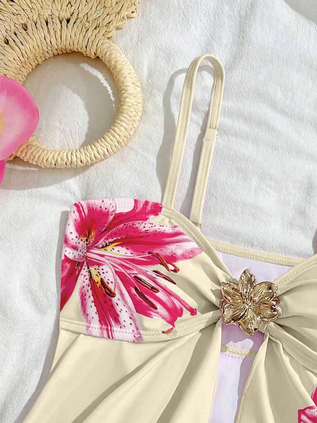 Tween girls two-piece tankini swimwear set with spaghetti straps, asymmetrical design, and 3D rose detail. Features a plant-pattern top and mid-waist bottoms in stretchy fabric for beach or pool wear.