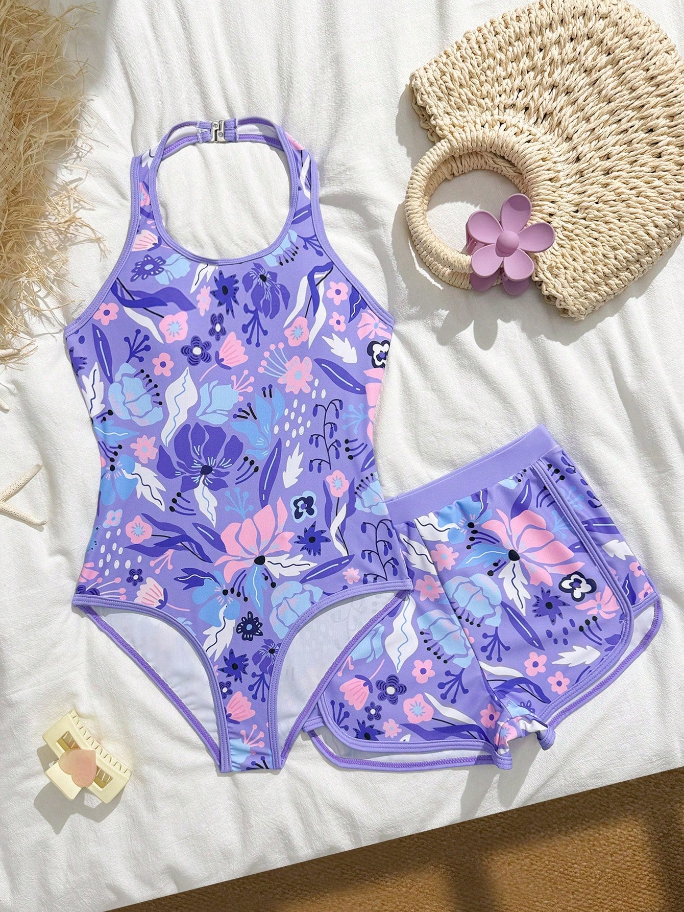 Girls 2-piece swimwear set featuring a butterfly print halter swimsuit top and separate mid-waist shorts in multicolor.