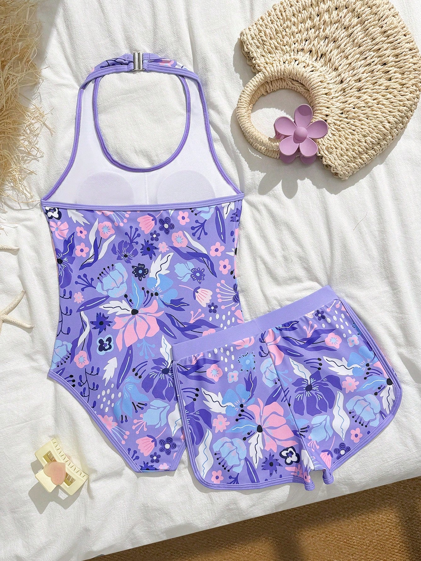 Girls 2-piece swimwear set featuring a butterfly print halter swimsuit top and separate mid-waist shorts in multicolor.