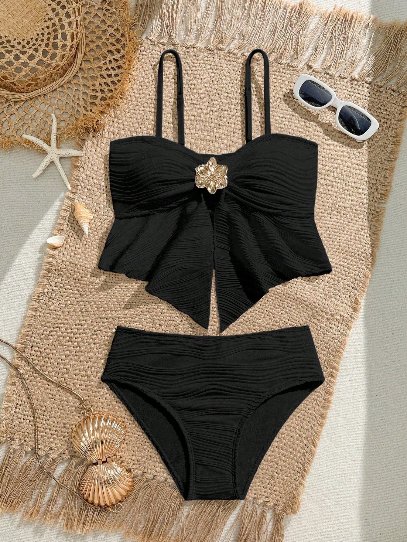 Tween girls two-piece tankini swimwear set with spaghetti straps, asymmetrical design, and 3D rose detail. Features a plant-pattern top and mid-waist bottoms in stretchy fabric for beach or pool wear.