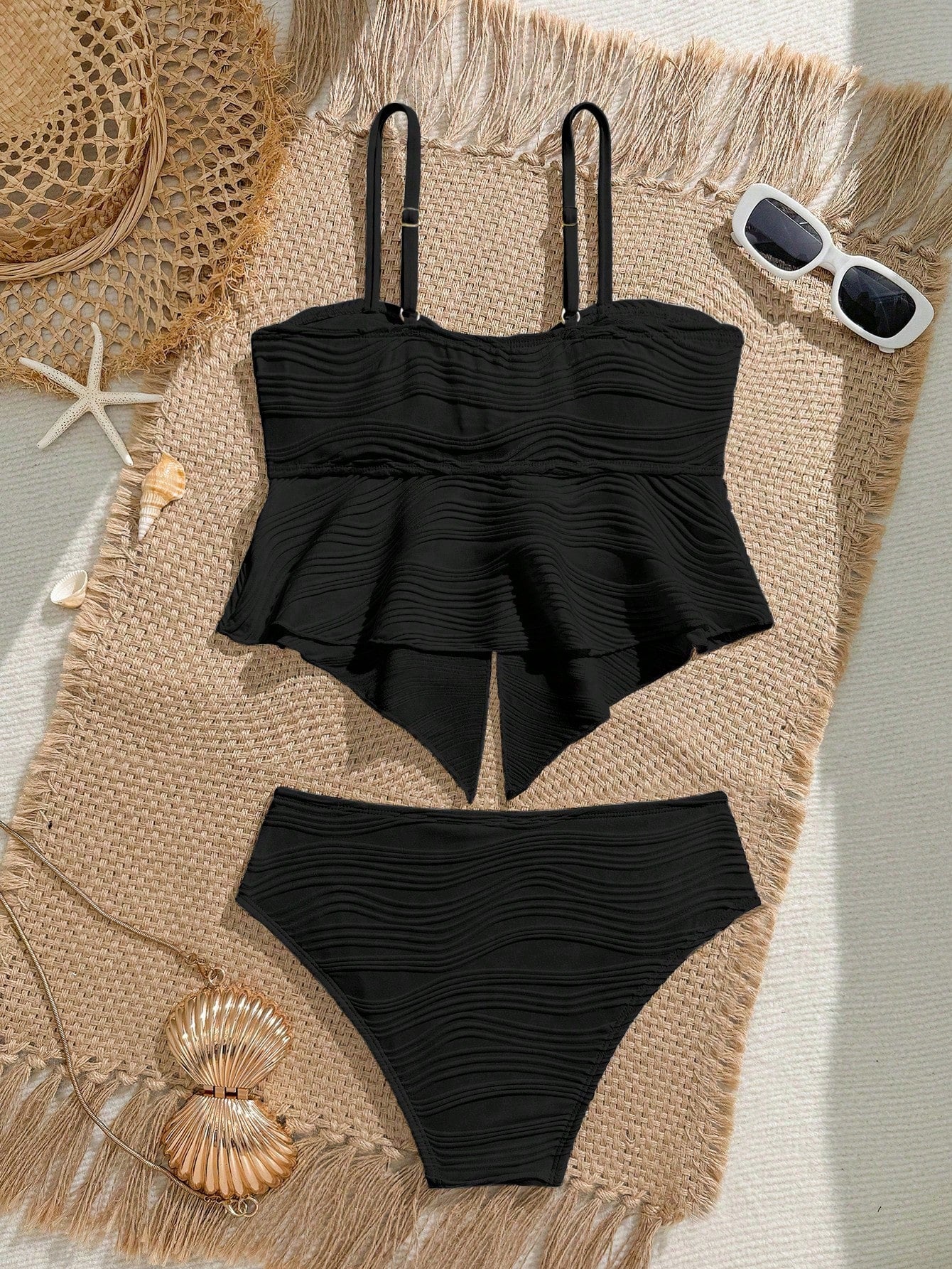 Tween girls two-piece tankini swimwear set with spaghetti straps, asymmetrical design, and 3D rose detail. Features a plant-pattern top and mid-waist bottoms in stretchy fabric for beach or pool wear.