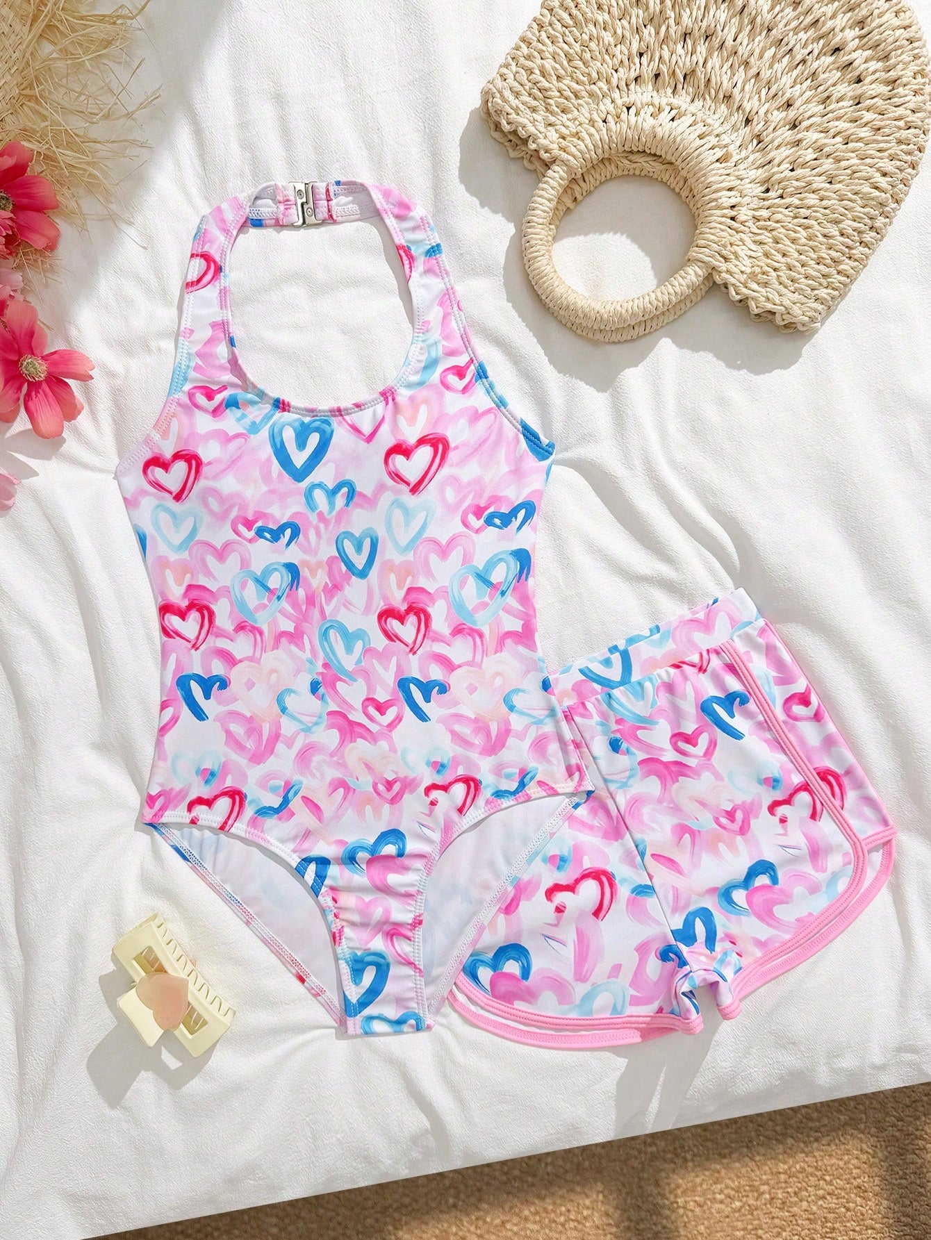 Girls 2-piece swimwear set featuring a butterfly print halter swimsuit top and separate mid-waist shorts in multicolor.