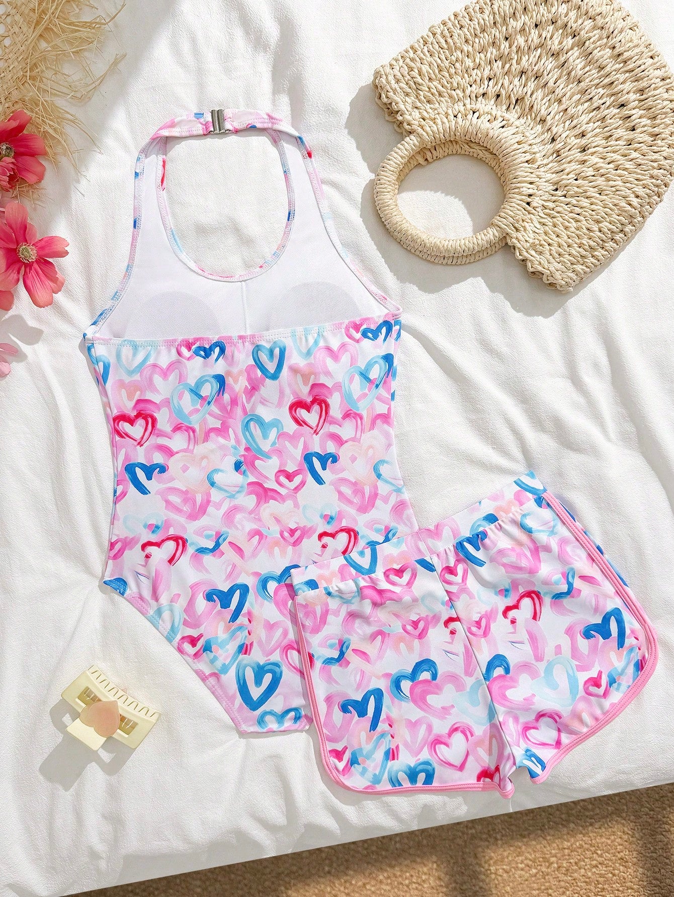 Girls 2-piece swimwear set featuring a butterfly print halter swimsuit top and separate mid-waist shorts in multicolor.