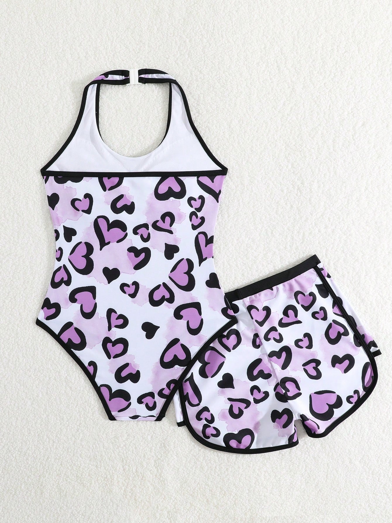 Girls 2-piece swimwear set featuring a butterfly print halter swimsuit top and separate mid-waist shorts in multicolor.