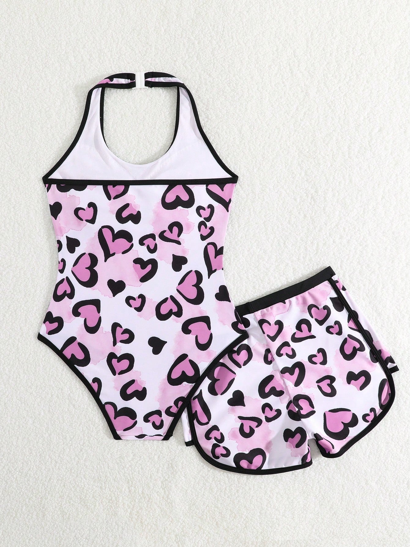 Girls 2-piece swimwear set featuring a butterfly print halter swimsuit top and separate mid-waist shorts in multicolor.