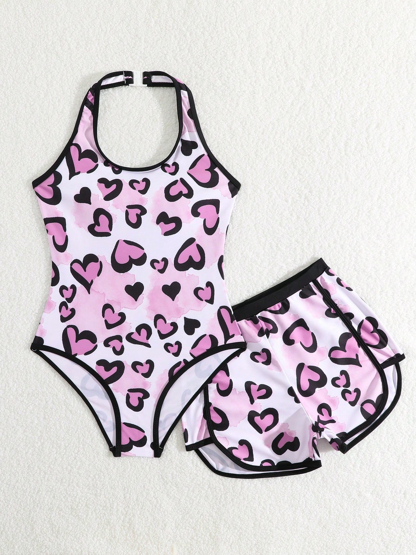 Girls 2-piece swimwear set featuring a butterfly print halter swimsuit top and separate mid-waist shorts in multicolor.