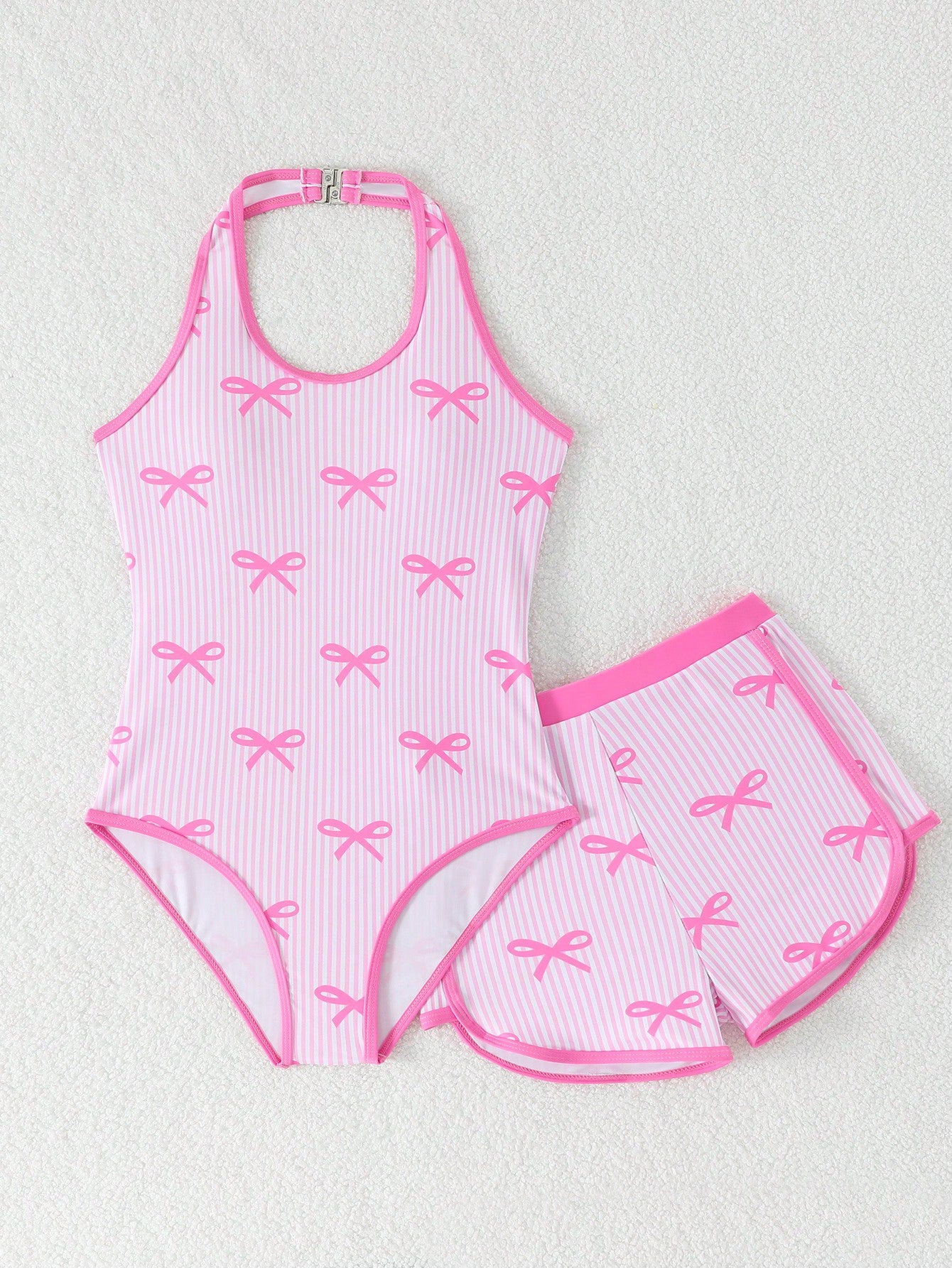 Girls 2-piece swimwear set featuring a butterfly print halter swimsuit top and separate mid-waist shorts in multicolor.