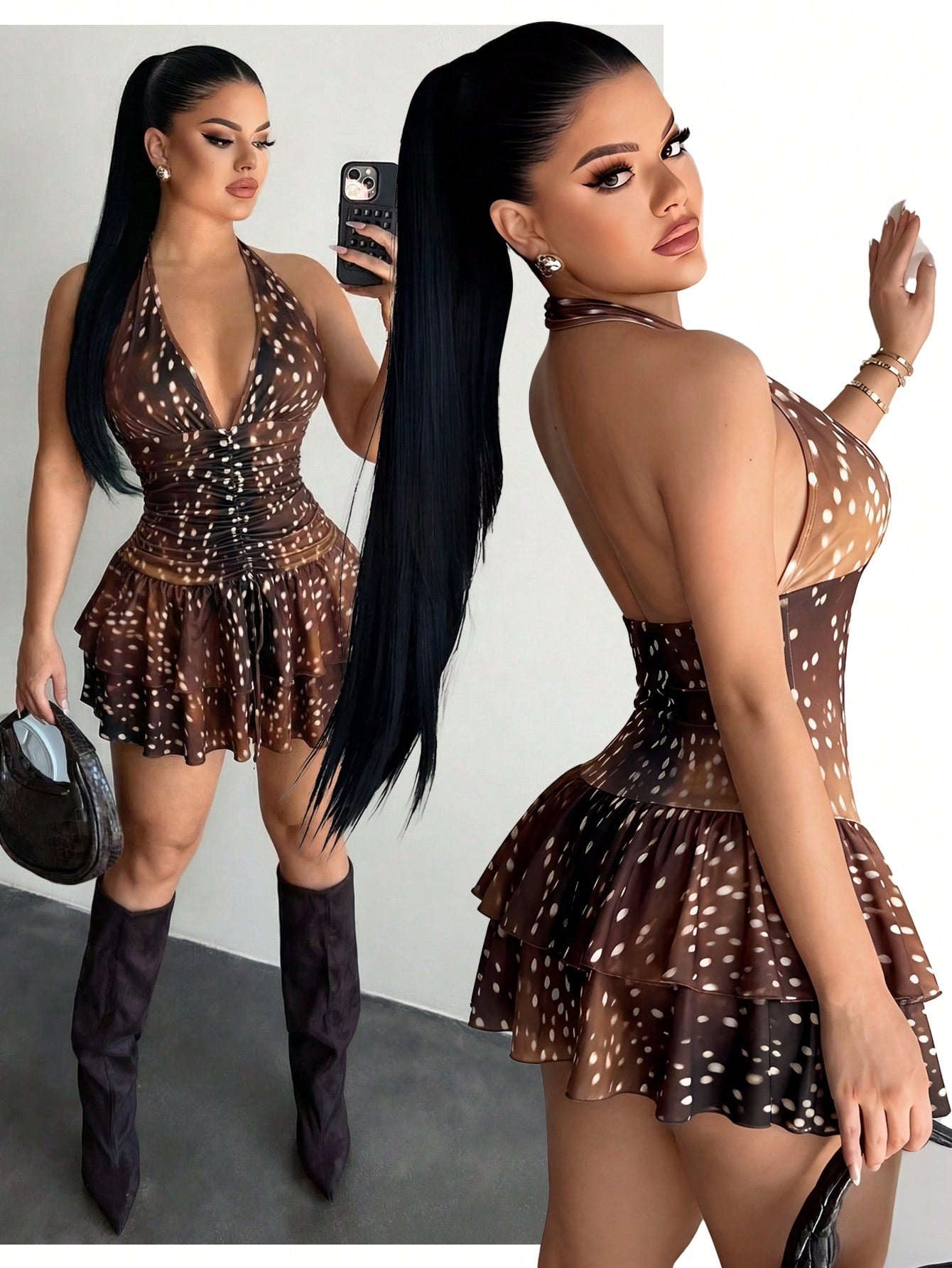 Women's sleeveless mini dress with leopard print, halter neckline, backless design, high waist, and tiered ruffle hem in a slim A-line fit.