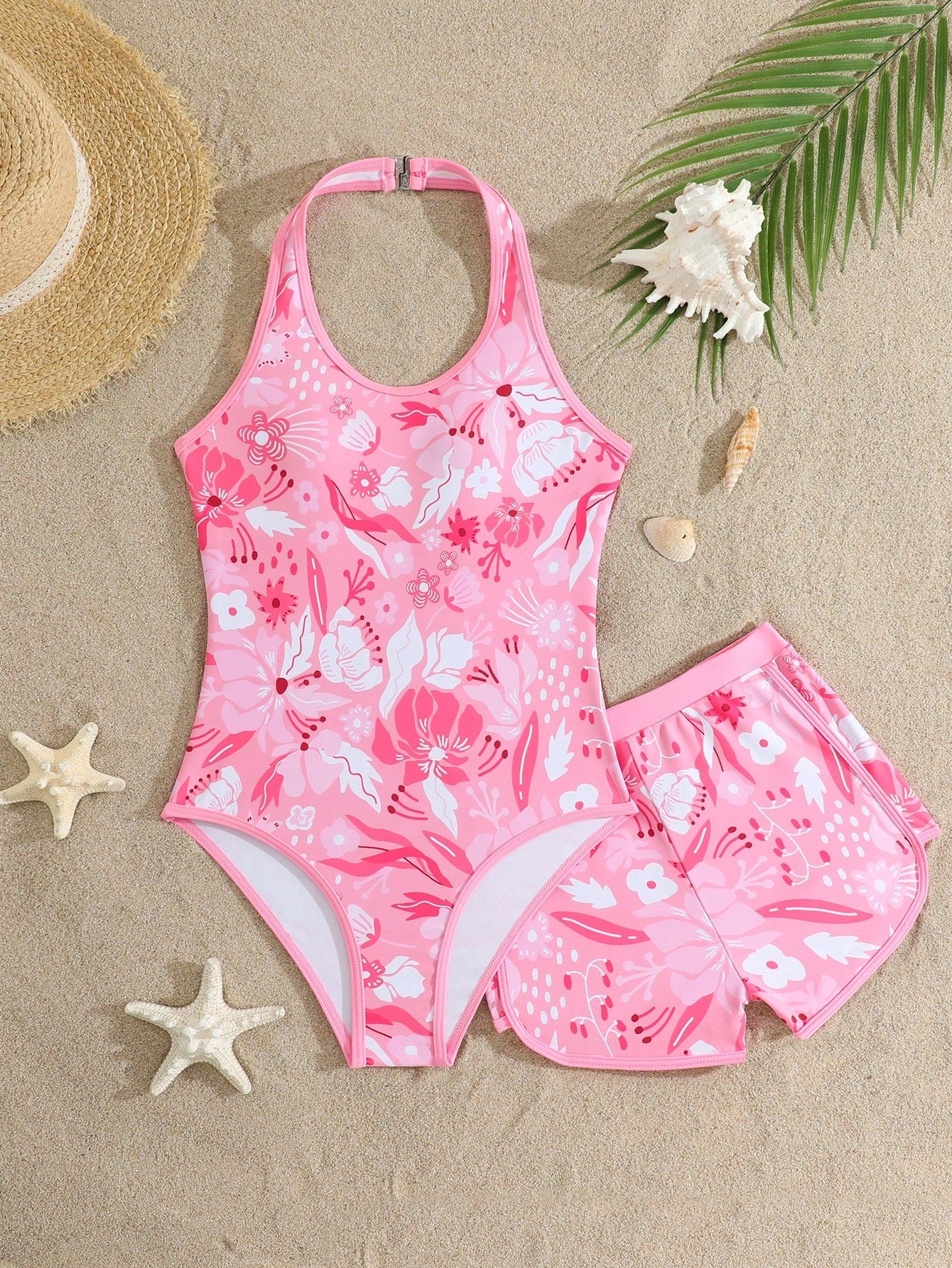 Girls 2-piece swimwear set featuring a butterfly print halter swimsuit top and separate mid-waist shorts in multicolor.