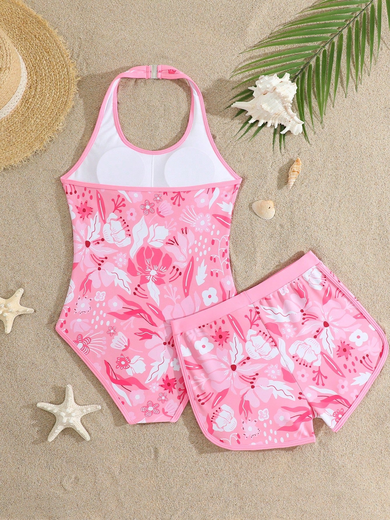 Girls 2-piece swimwear set featuring a butterfly print halter swimsuit top and separate mid-waist shorts in multicolor.