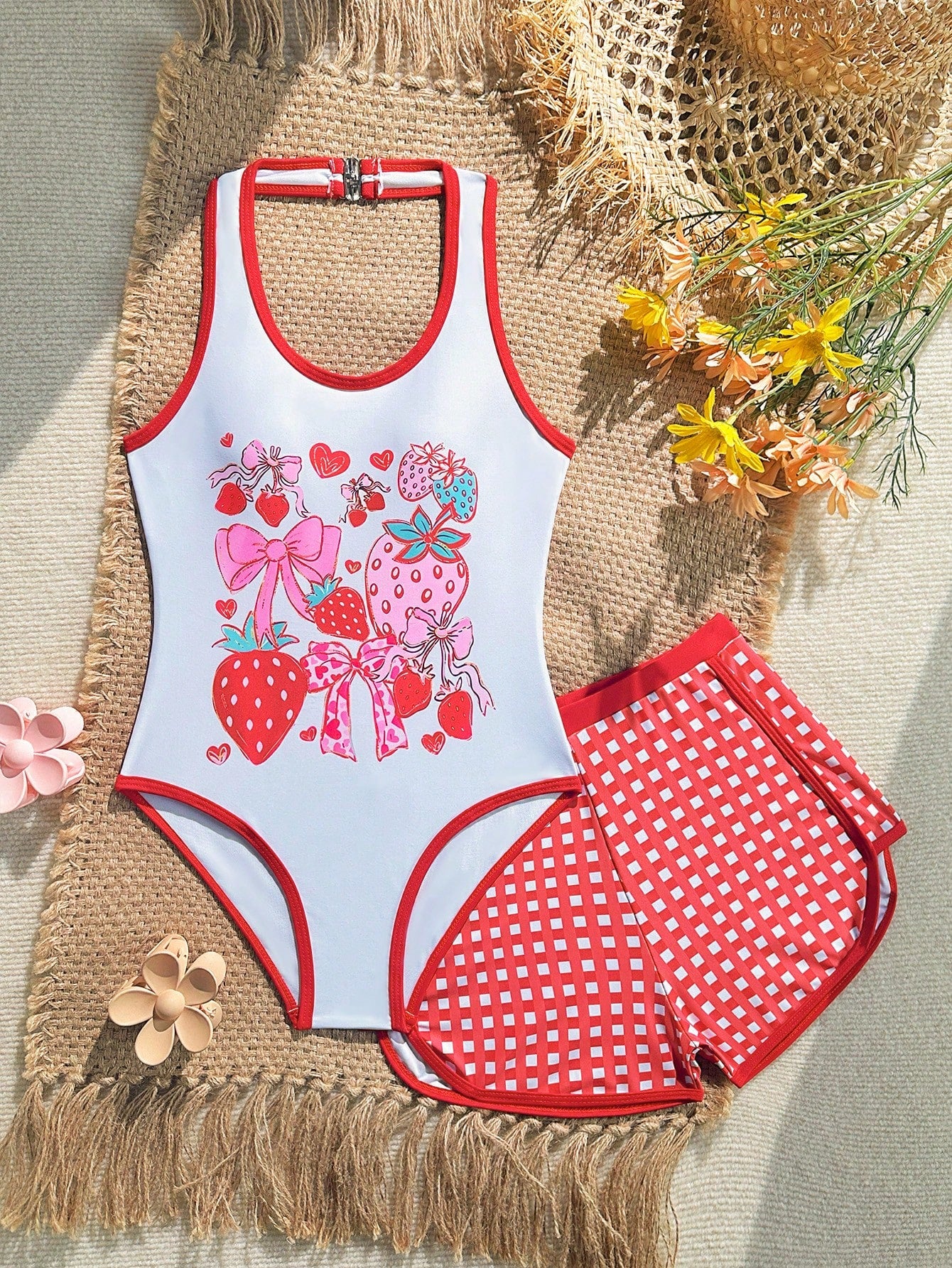 Girls 2-piece swimwear set featuring a butterfly print halter swimsuit top and separate mid-waist shorts in multicolor.