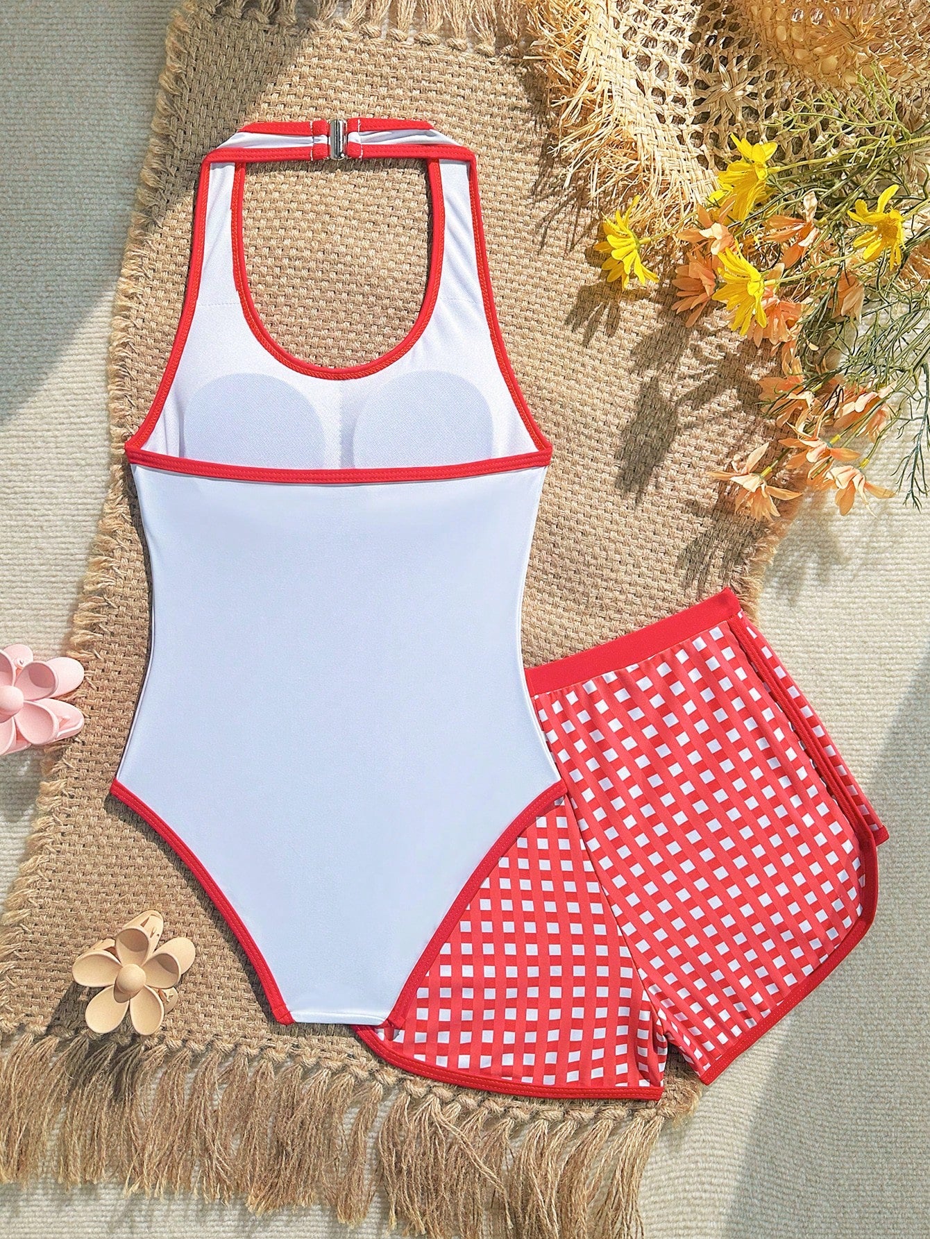Girls 2-piece swimwear set featuring a butterfly print halter swimsuit top and separate mid-waist shorts in multicolor.