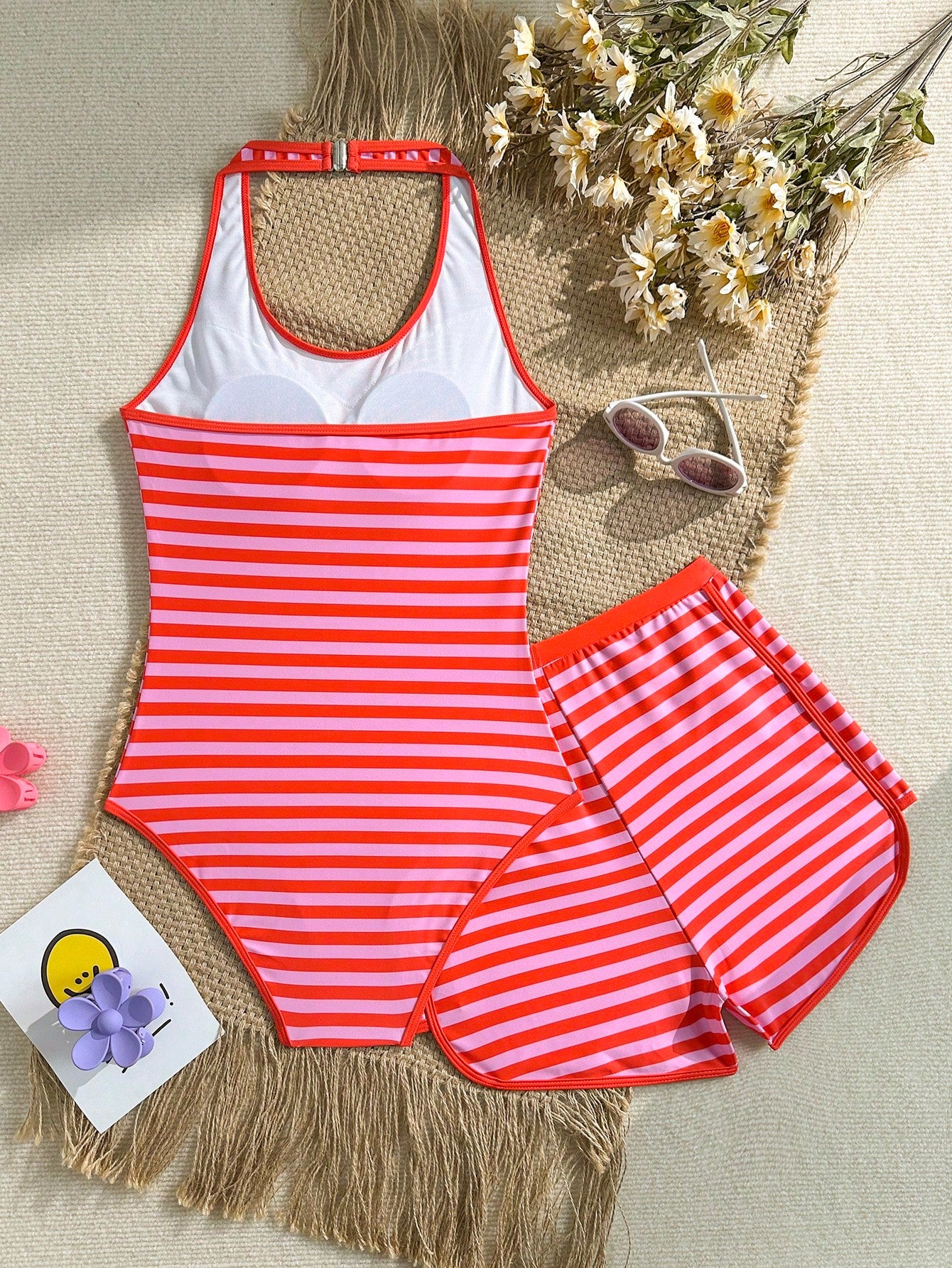 Girls 2-piece swimwear set featuring a butterfly print halter swimsuit top and separate mid-waist shorts in multicolor.