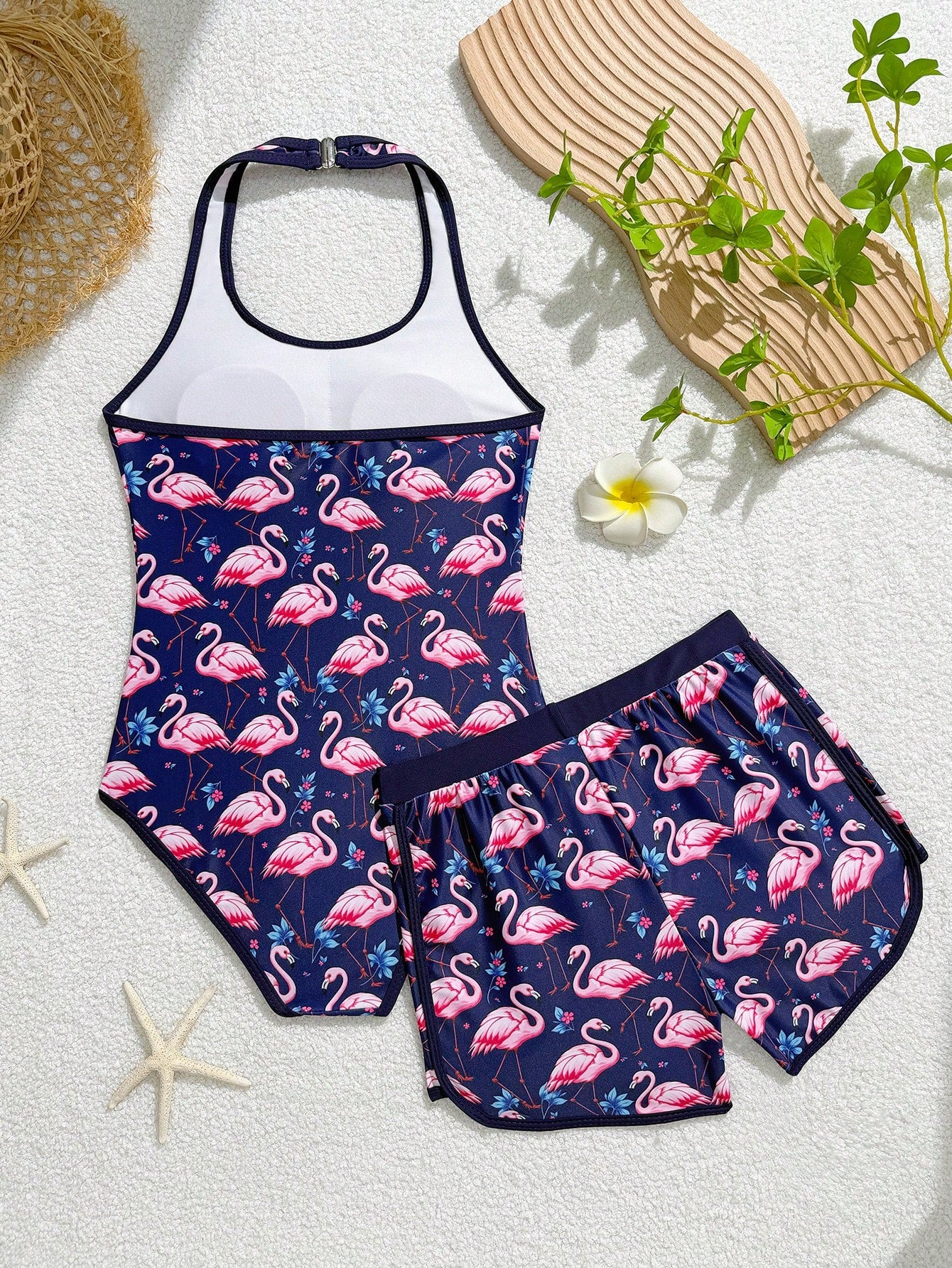 Girls 2-piece swimwear set featuring a butterfly print halter swimsuit top and separate mid-waist shorts in multicolor.