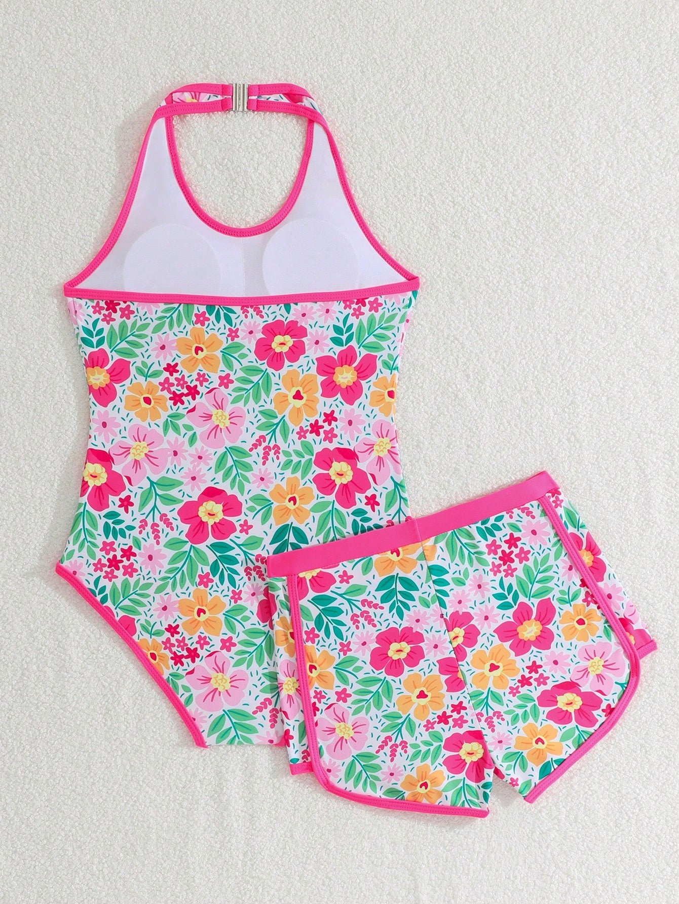 Girls 2-piece swimwear set featuring a butterfly print halter swimsuit top and separate mid-waist shorts in multicolor.