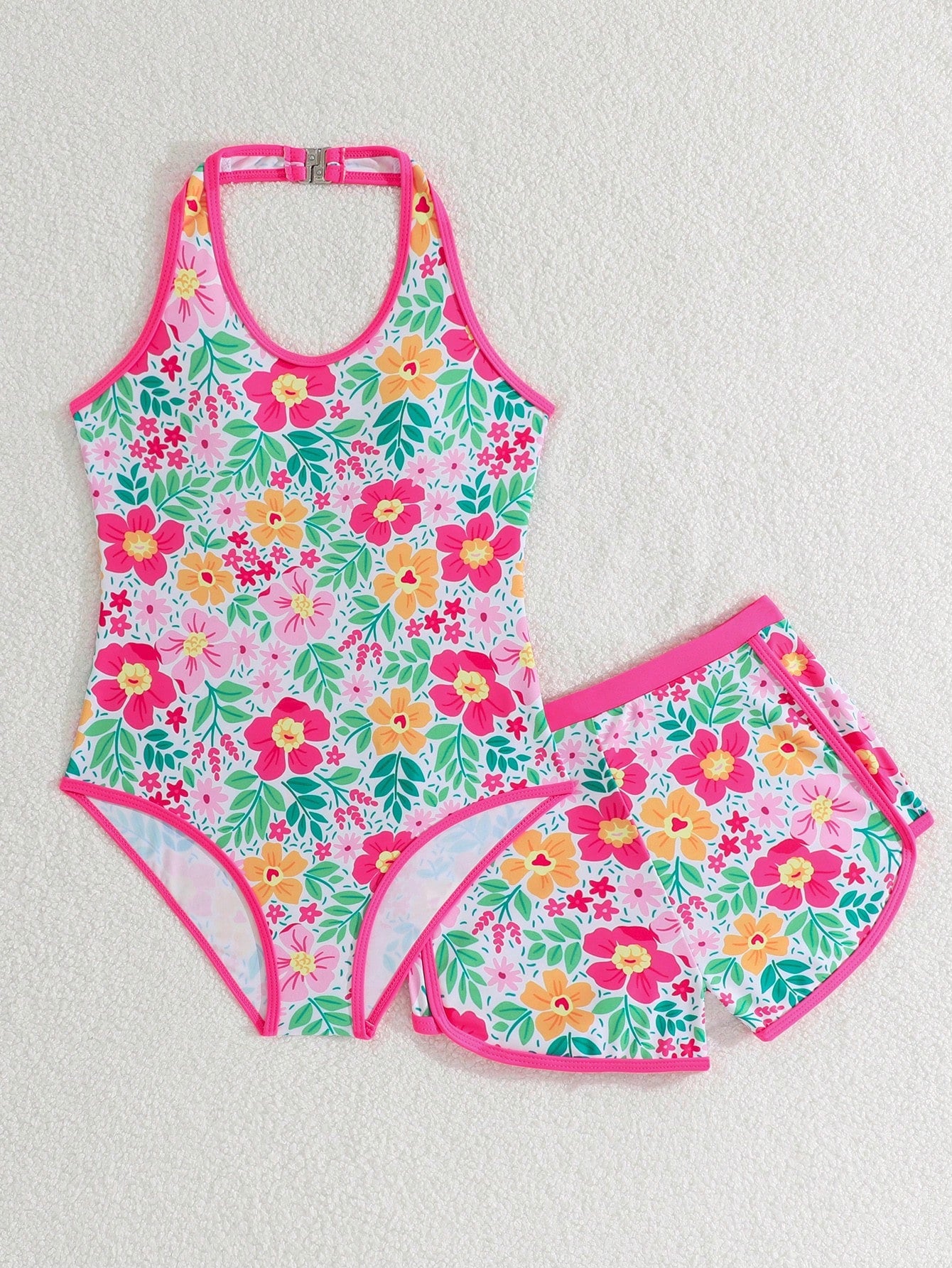 Girls 2-piece swimwear set featuring a butterfly print halter swimsuit top and separate mid-waist shorts in multicolor.